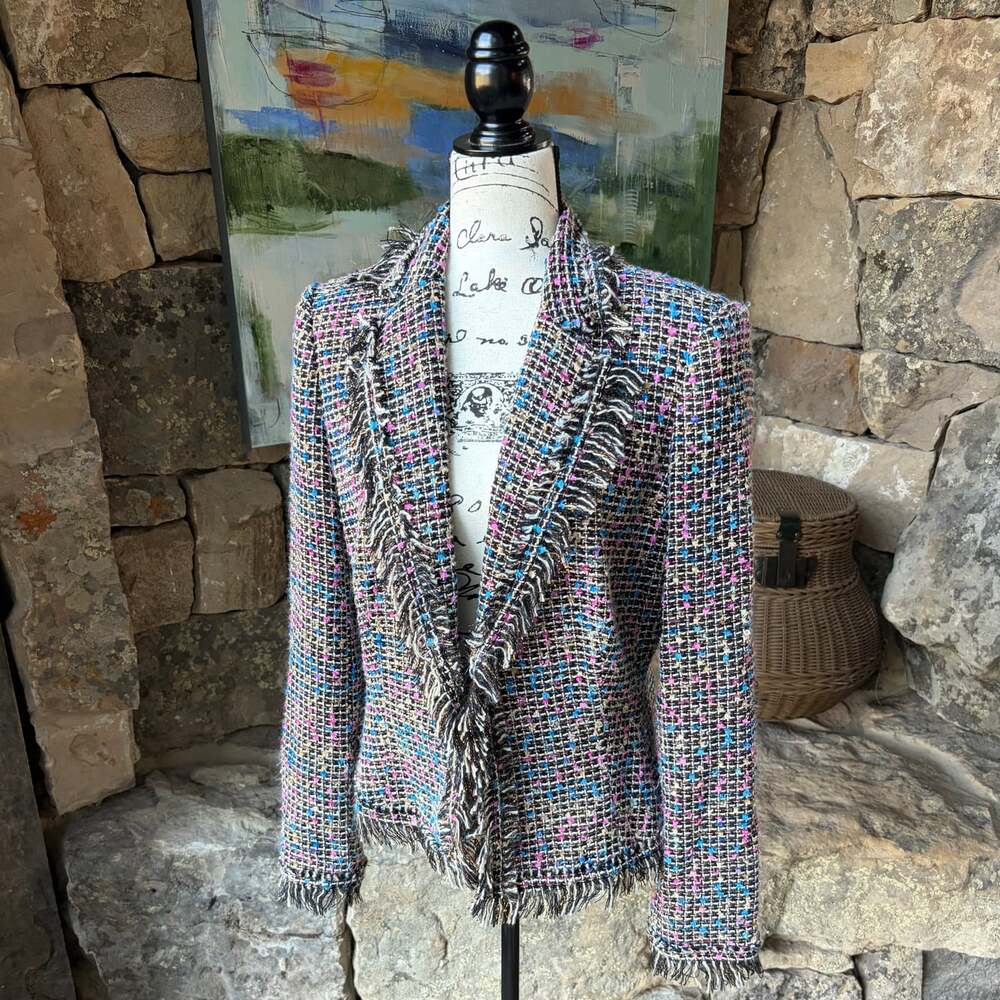 Cache Multicolor Tweed Fringe Blazer Jacket Size 10 Metallic Chanel Style